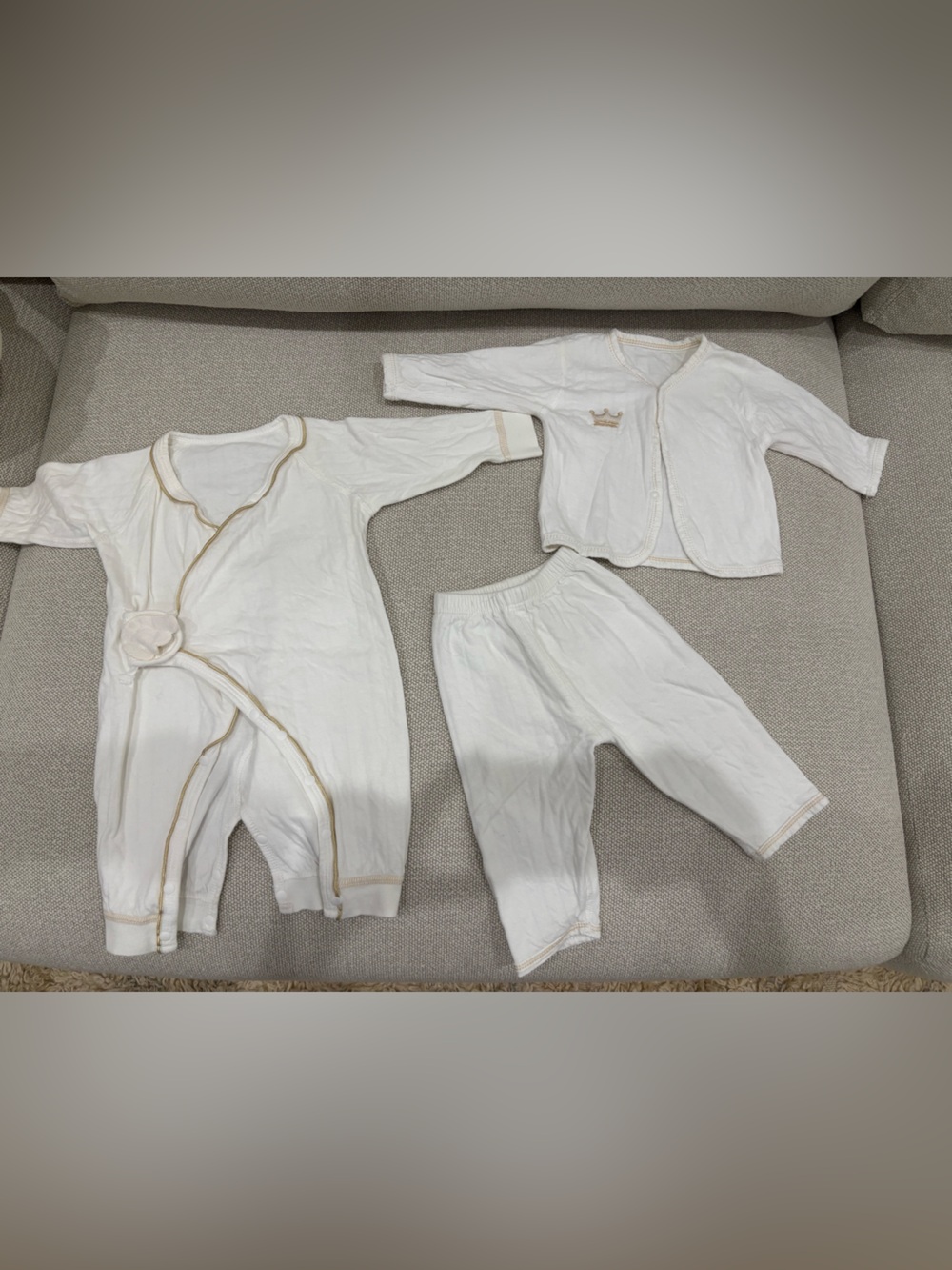 Cotton Hooded Baby Set with Gold Crown Embroidery - White